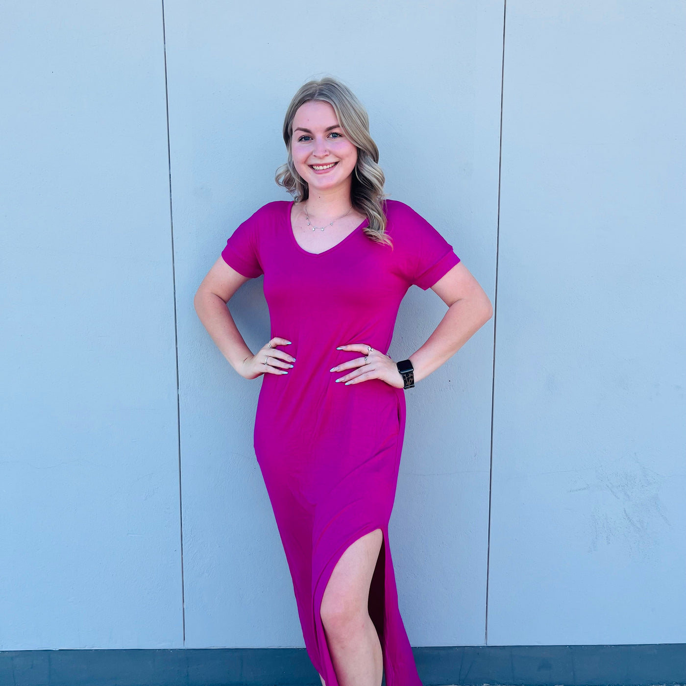 Fuchsia Short Sleeve Scoop Neck Maxi Dress