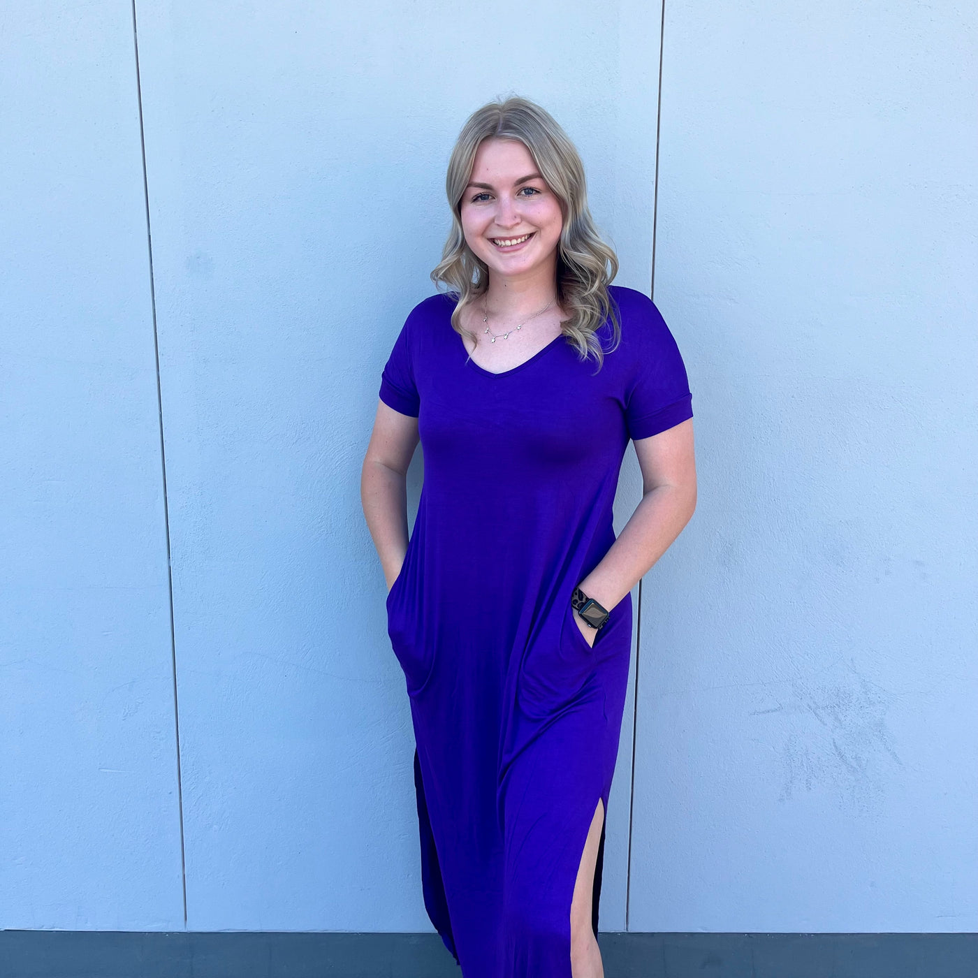 Purple Short Sleeve Scoop Neck Maxi Dress