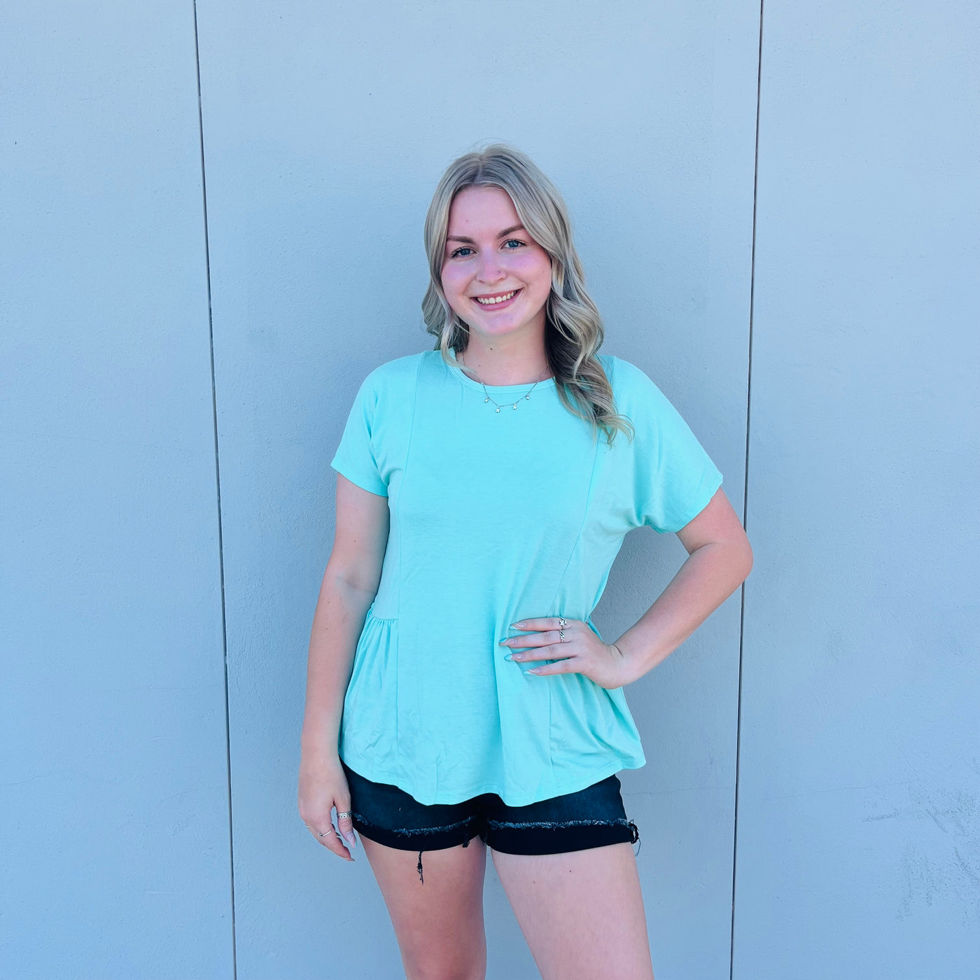 Mint Round Neck SS Top with Shirring