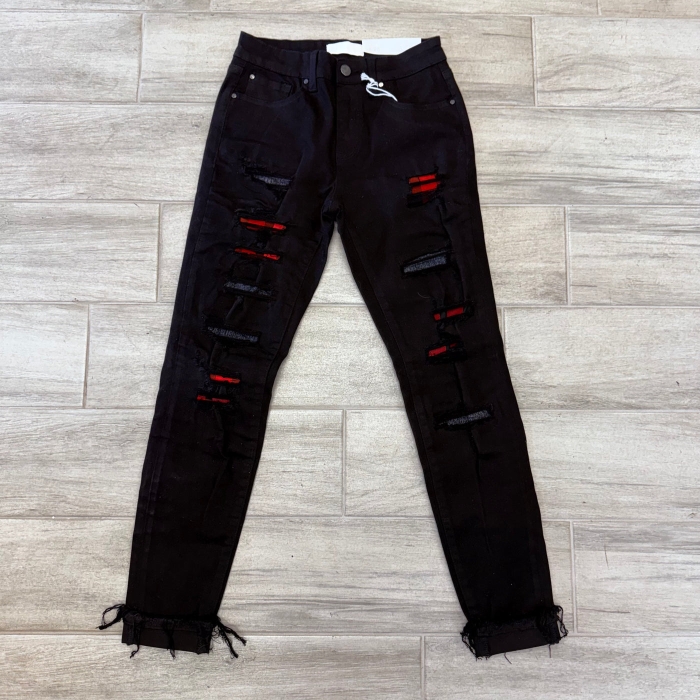 Black Mid Rise Black Ankle Skinny with Buffalo Plaid Patch