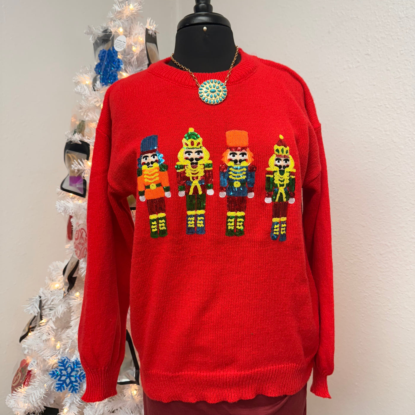 Red Sequin Nutcrackers Embroidery Christmas Pullover Sweater