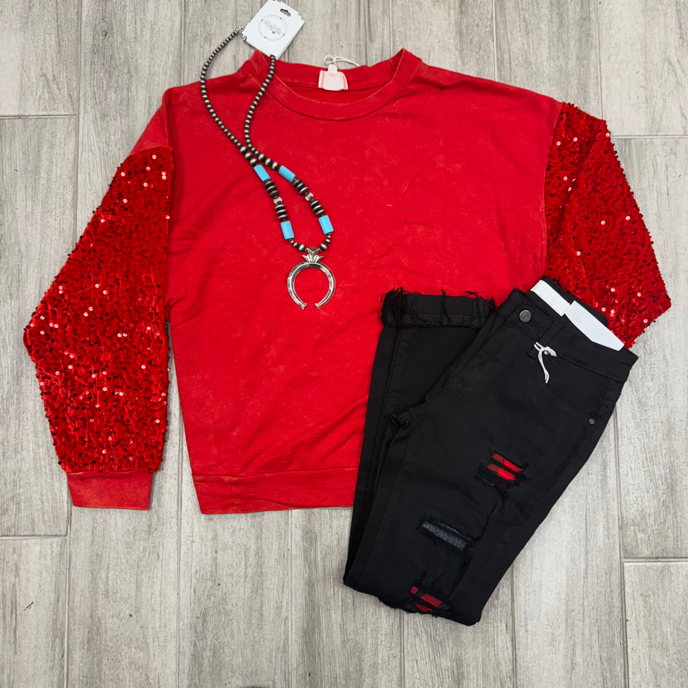 Red Velvet Sequin Sleeve Mineral Washed Top