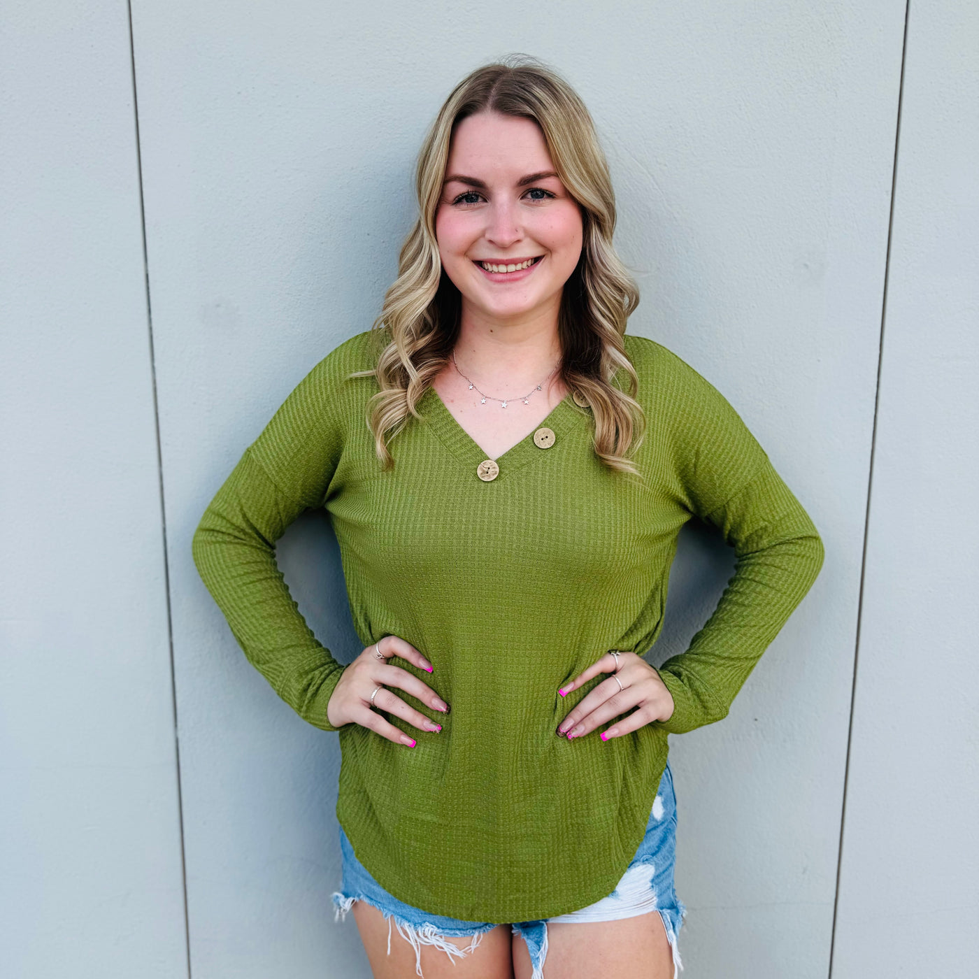 Olive Waffle Long Sleeve V-Neck Top