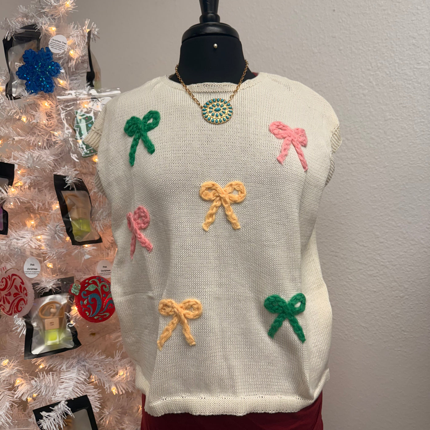 Oatmeal Knit Ribbon Bow Patch Sweater Top